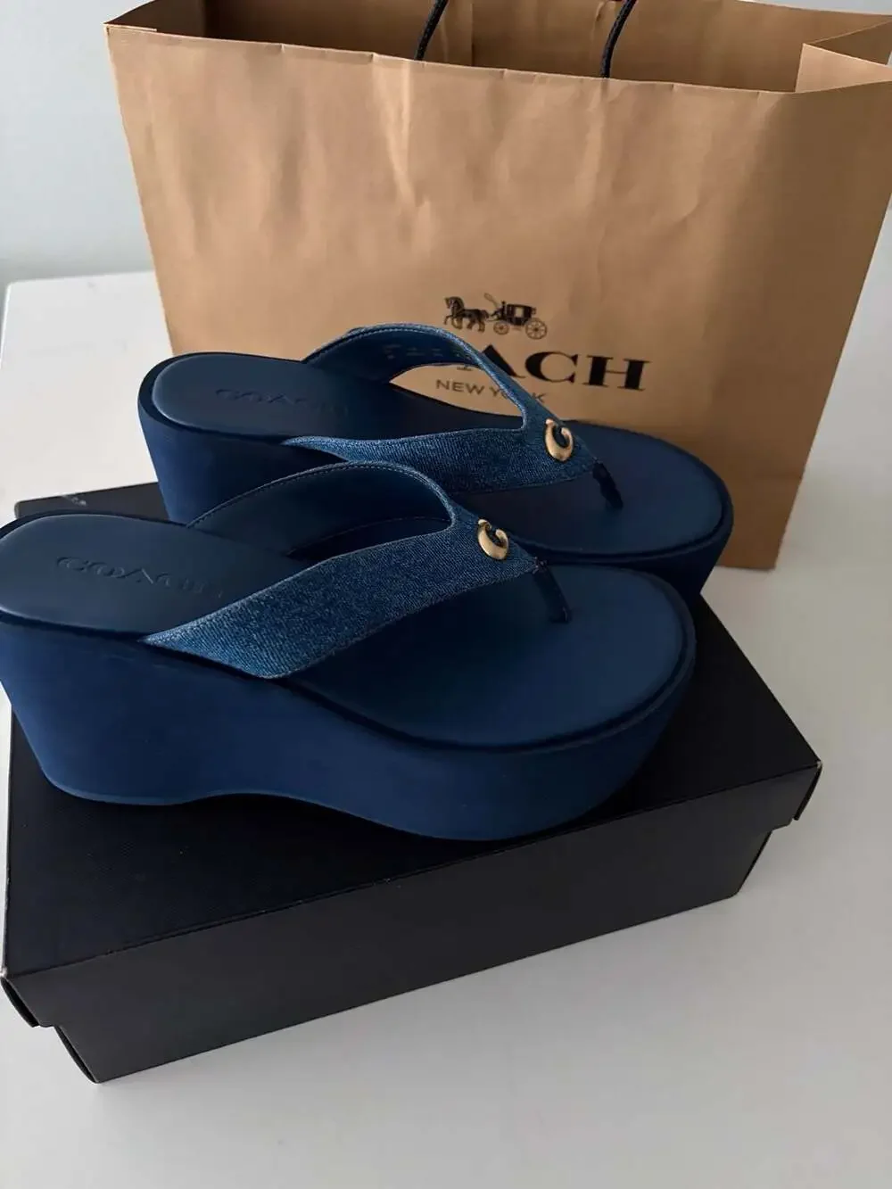 Coach Sculpted C Platform Flip Flop Sandals in Deep Blue Denim